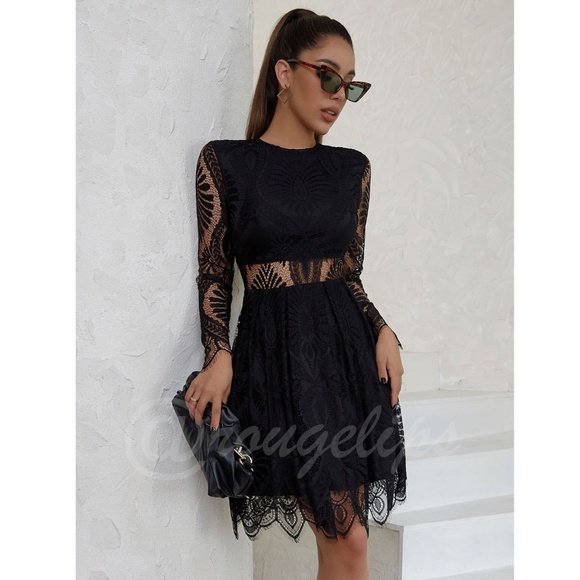 Black Elegant Dress Scallop Trim, Zipper Closure Long Sleeve Short, Mini, Lace - Picture 2 of 10